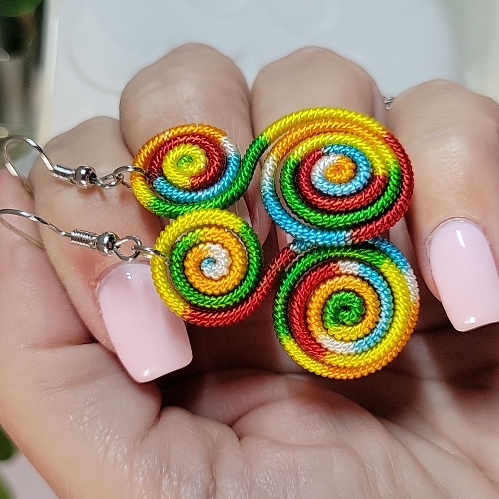 š„LAST PAIRš„ Tie-Dye Fiber Wrapped Squiggle Drop Earrings - Picture 5 of 5